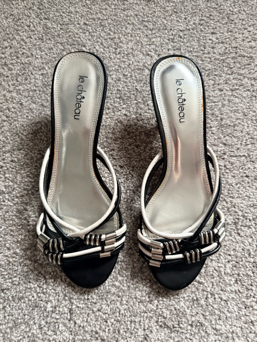 le chateau Two-Tone Black & White Strappy Slide Heels with Silver Hardware